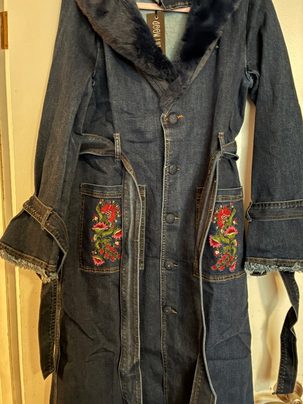 Dolls Kill Woven Dreams Denim Trench Coat Faux Fur Collar M